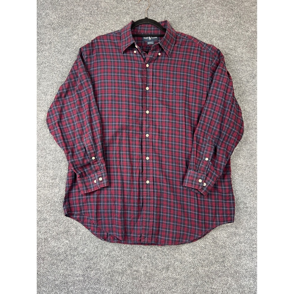 Ralph Lauren Yarmouth Mens Plaid Button Down Shirt XL‎ Burgundy Navy Cotton